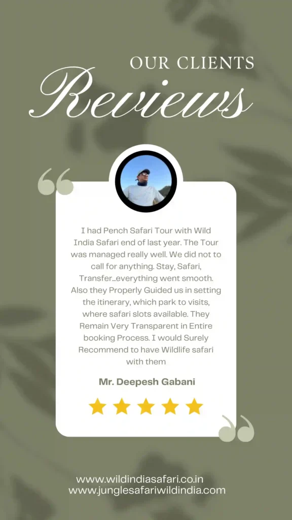 Client testimonial for Wild India Safari with a customer’s positive review and profile picture on a leaf-patterned background